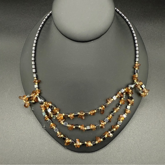 Hematite and Faux Amber Beaded Necklace - Picture 11 of 13